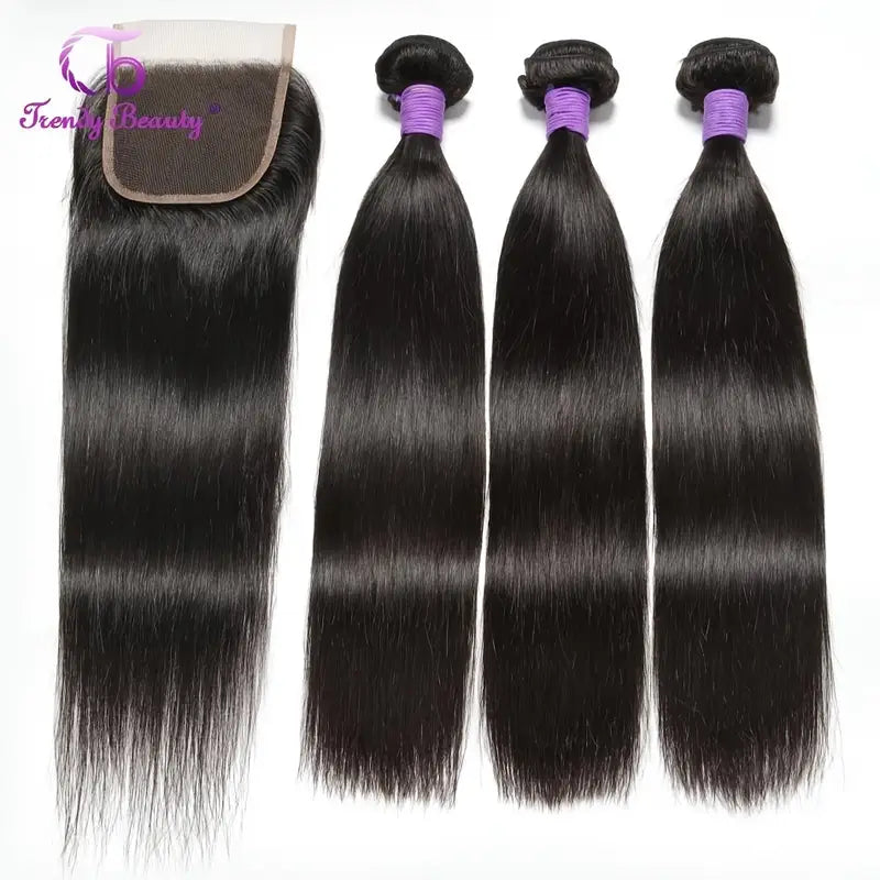 4 Bundles Unprocessed Peruvian Straight Hair With 4x4 Closure 100% Virgin Human Hair 3 Bundles With 4x4 Lace Closure Free Part Closure Natural Black Color